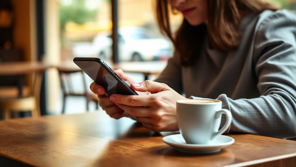 Person texting at cafe